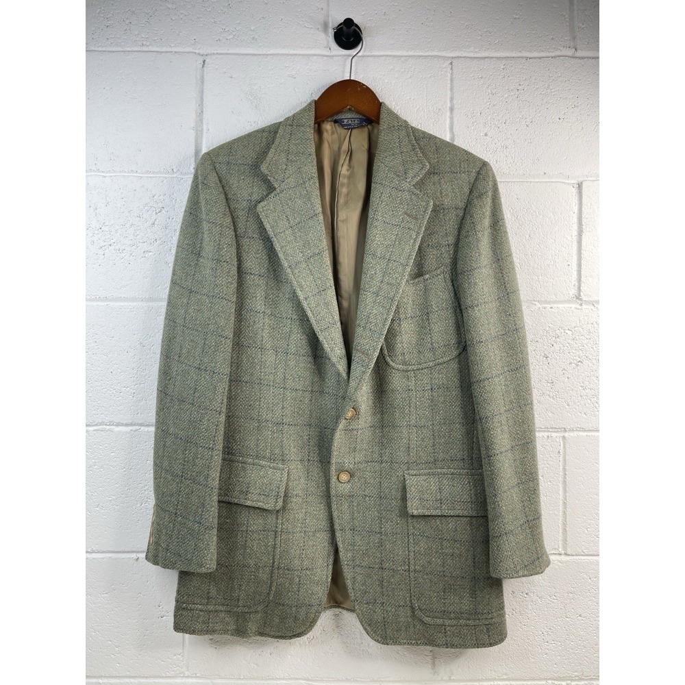 Vintage Polo By Ralph Lauren Mens Wool Blazer Sports Jacket Beige & Green Plaid